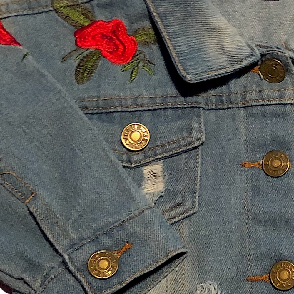 Distressed Jean Jacket w/ Embroidered Roses - Picture 1 of 7
